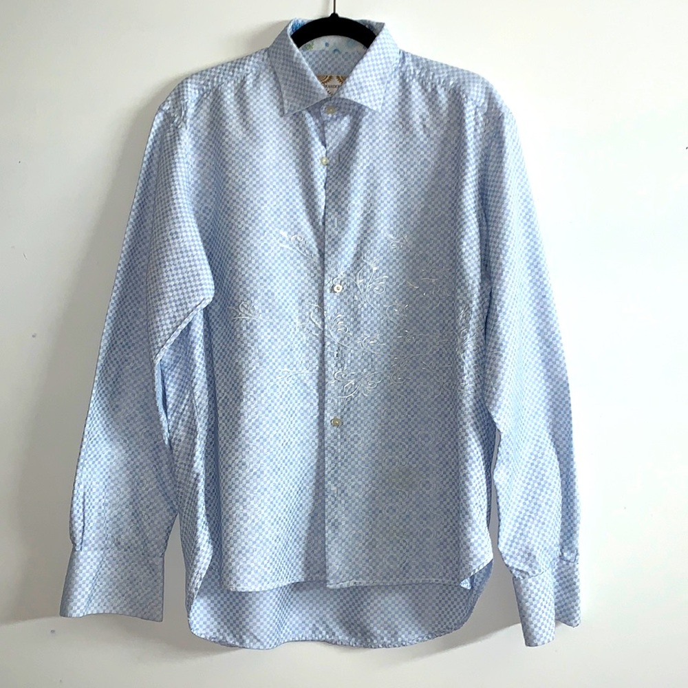 Brandolini Blue and White Checkered Mens Dress Shirt